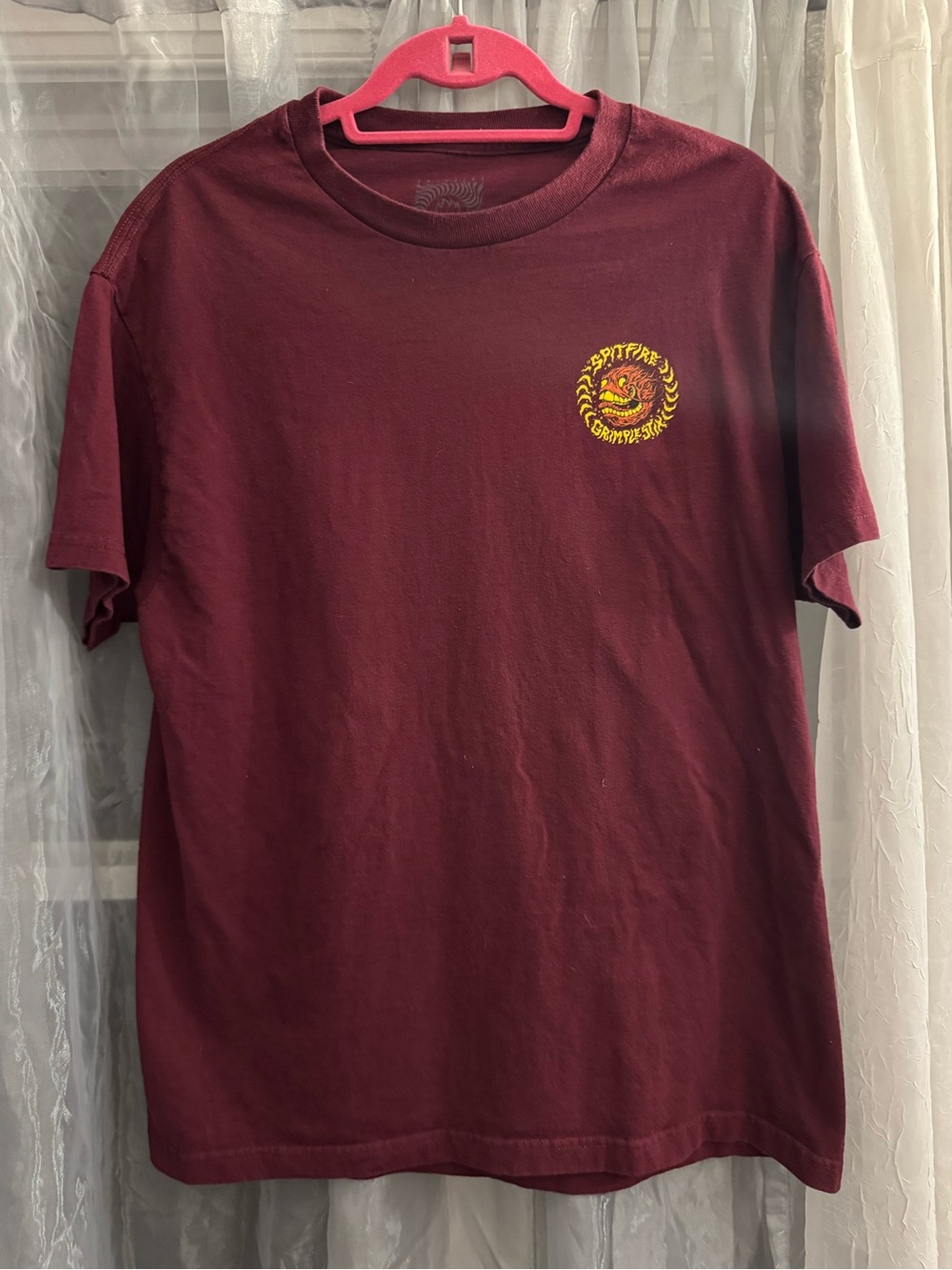Spitfire Maroon Short-Sleeve Tee with Yellow Spitfire On The Frnt
